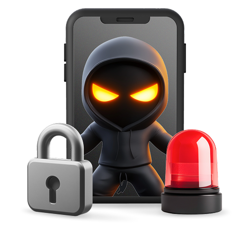 피싱을 상징하는 해커와 경고 아이콘 이미지