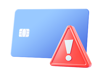 신용카드에 느낌표 경고 아이콘이 표시된 이미지. 보이스피싱이나 금융사기 피해를 알리는 시각적 경고.